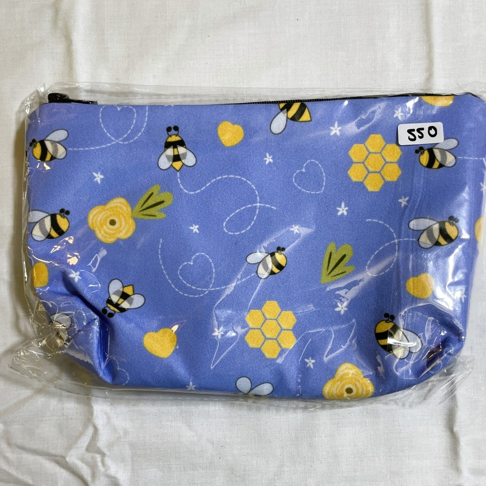 The Pouch Cosmetic Bag Womens Small Blue Bee Floral New Zipper Travel Pouch